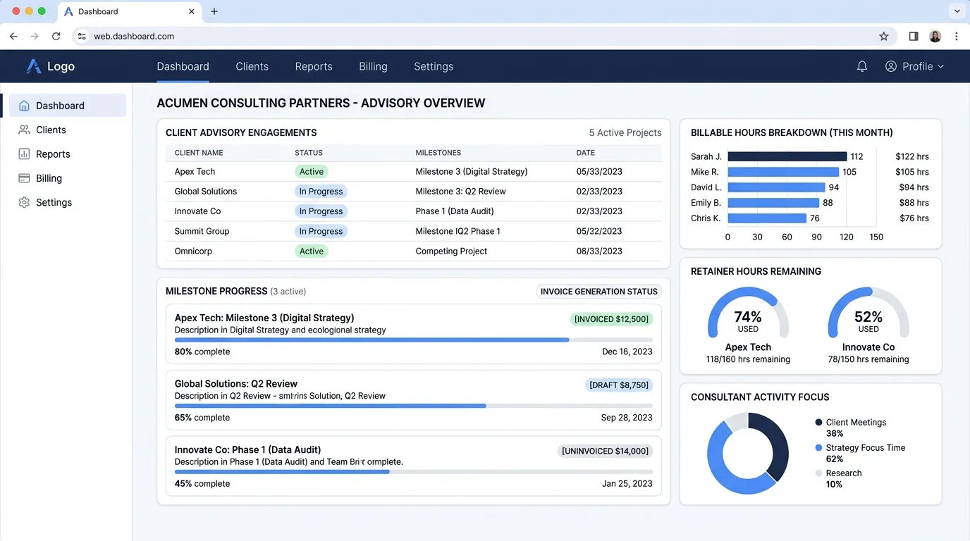 Vineforce Teams multi-client consulting time tracking and productivity dashboard