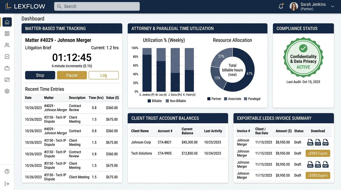 Vineforce Teams legal practice time tracking and matter management dashboard