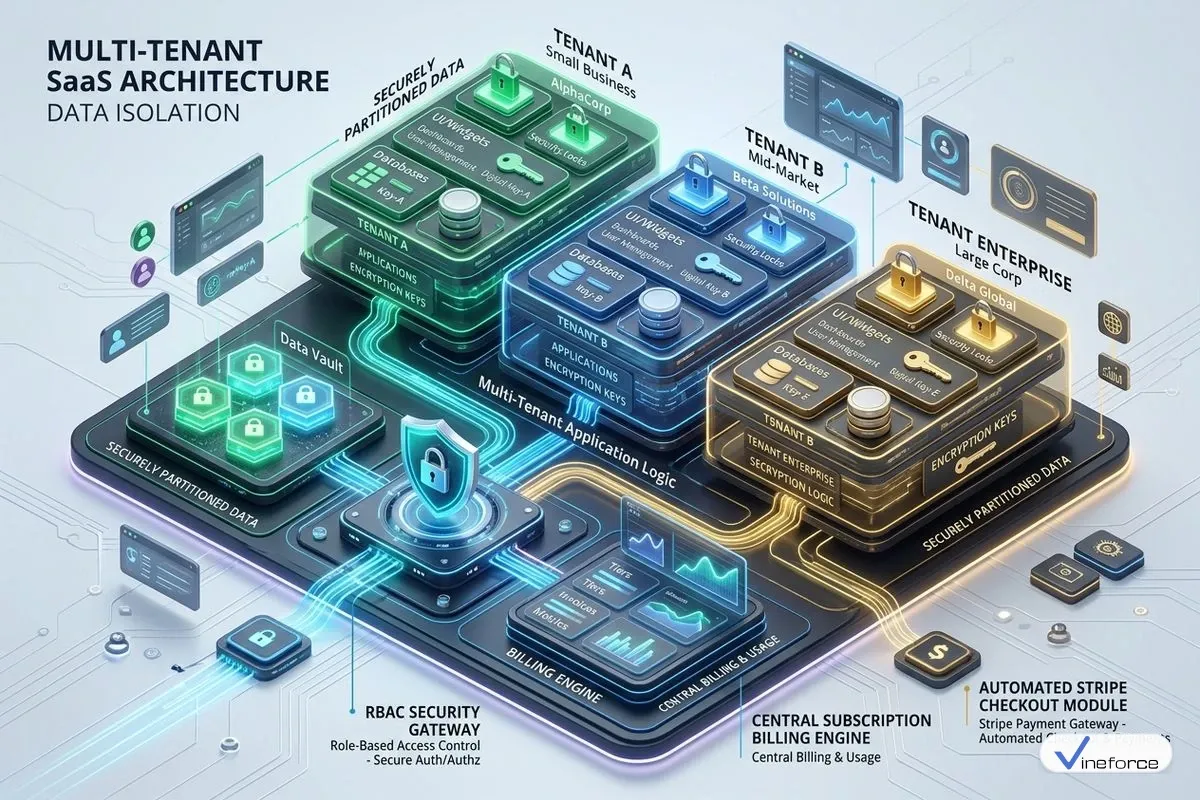 Engineering team designing multi-tenant SaaS architecture dashboard