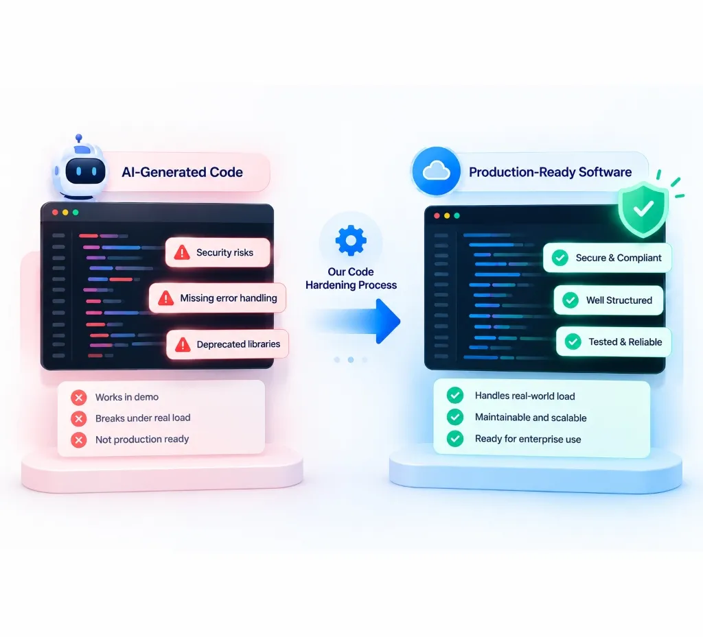 Engineers reviewing and hardening an AI-built SaaS application for production launch