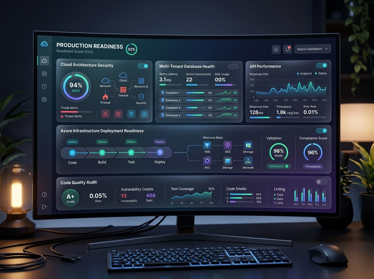 Engineering dashboard displaying SaaS production readiness assessment metrics across security, database performance, and Azure infrastructure