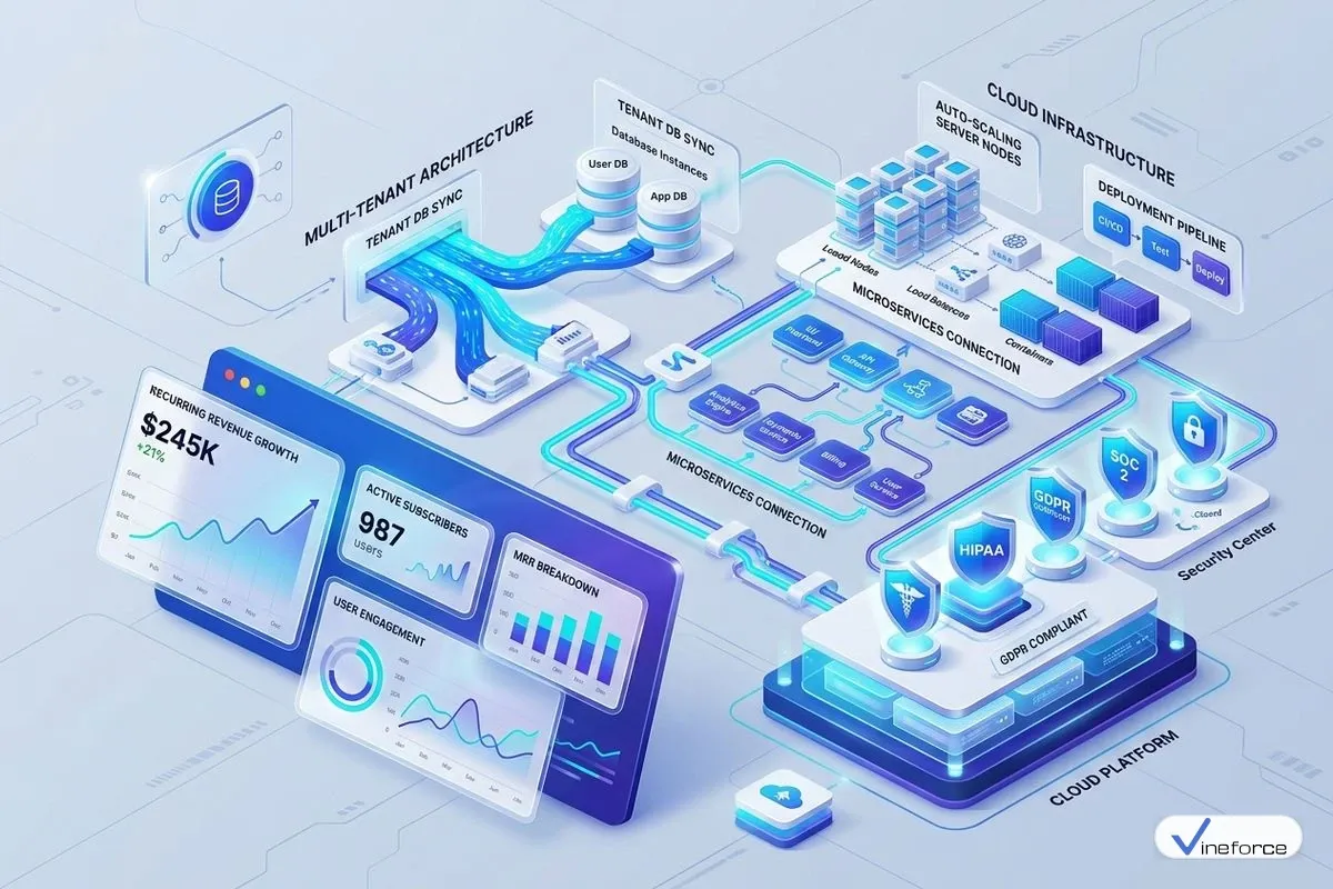 Engineering team collaborating on a B2B SaaS platform dashboard