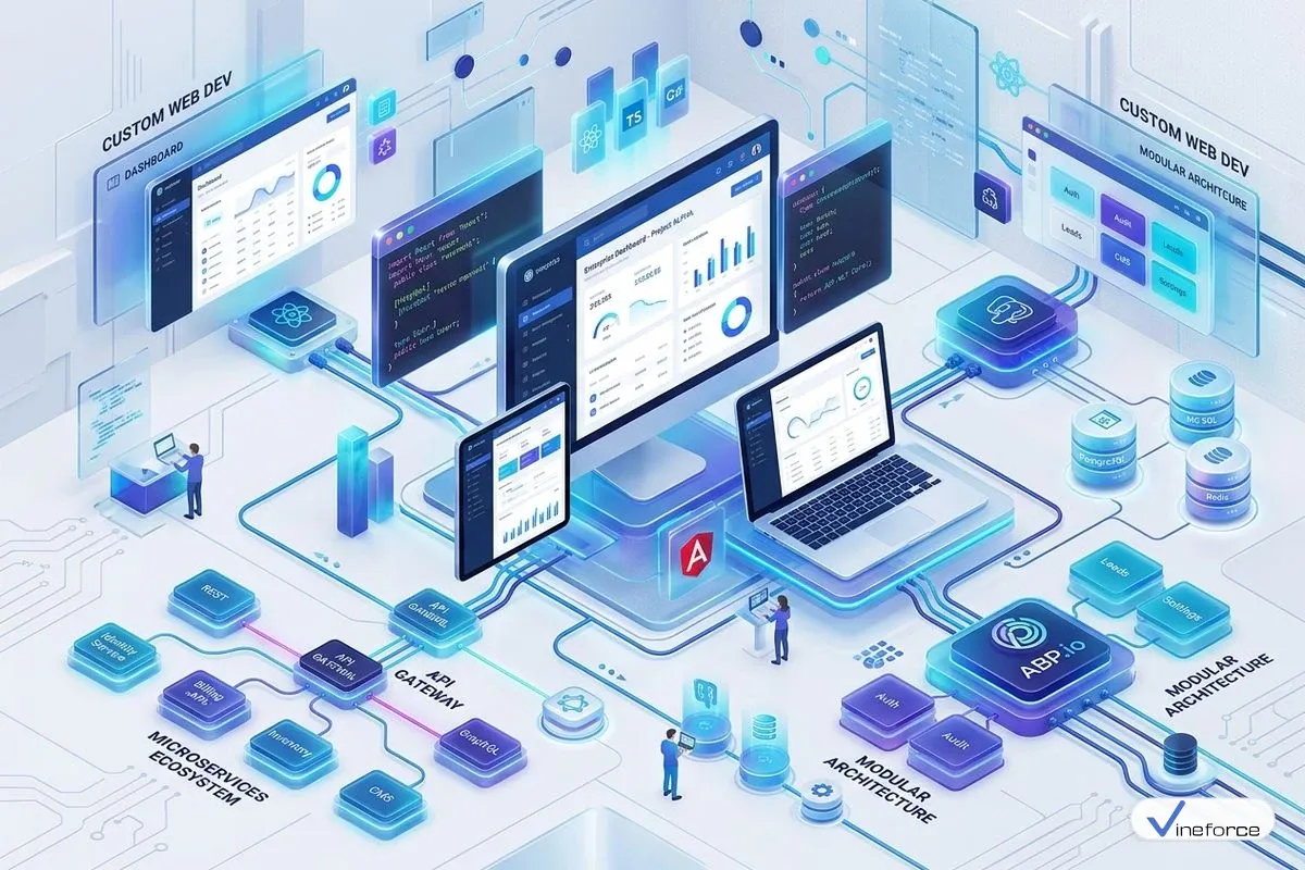 Web development engineers building a custom ASP.NET Core and React enterprise application