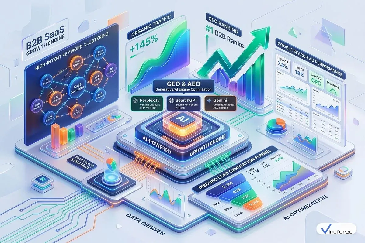 Digital marketing strategist analyzing B2B SaaS search engine rankings and conversion metrics