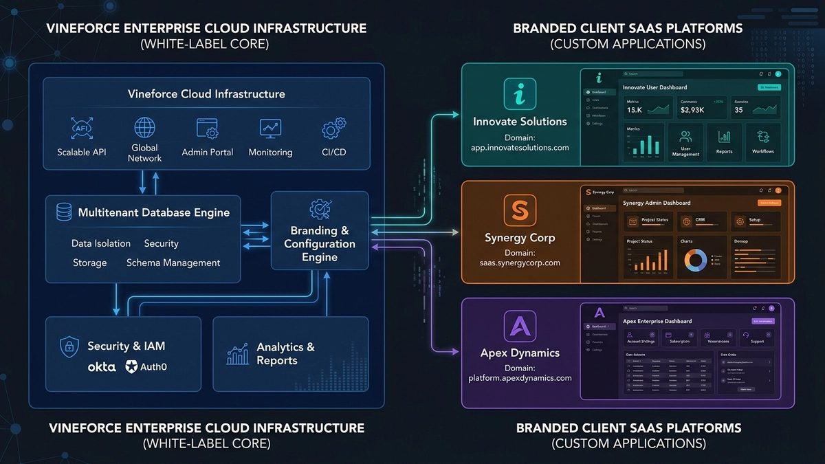 Architecture diagram showing Vineforce enterprise cloud infrastructure powering white-label client SaaS platforms under custom domains