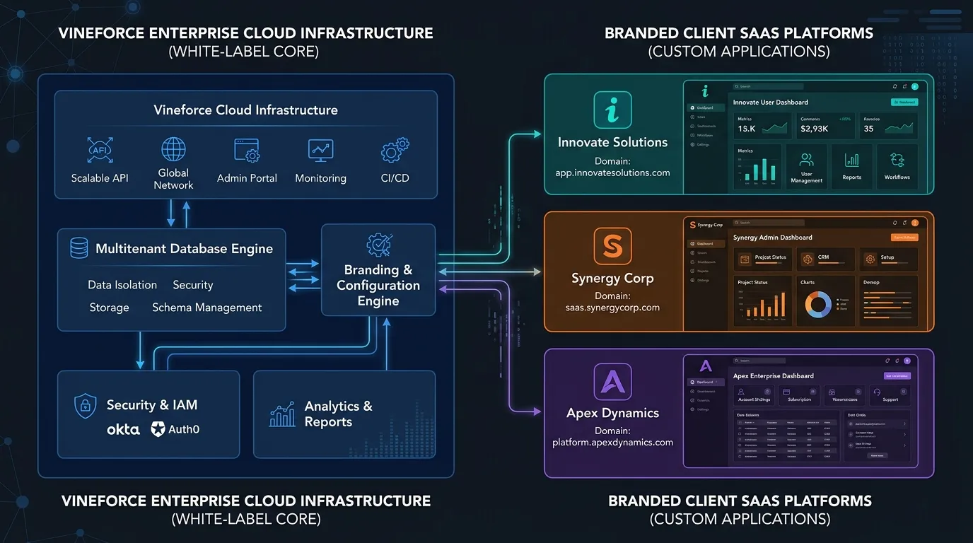 Architecture diagram showing Vineforce enterprise cloud infrastructure powering white-label client SaaS platforms under custom domains