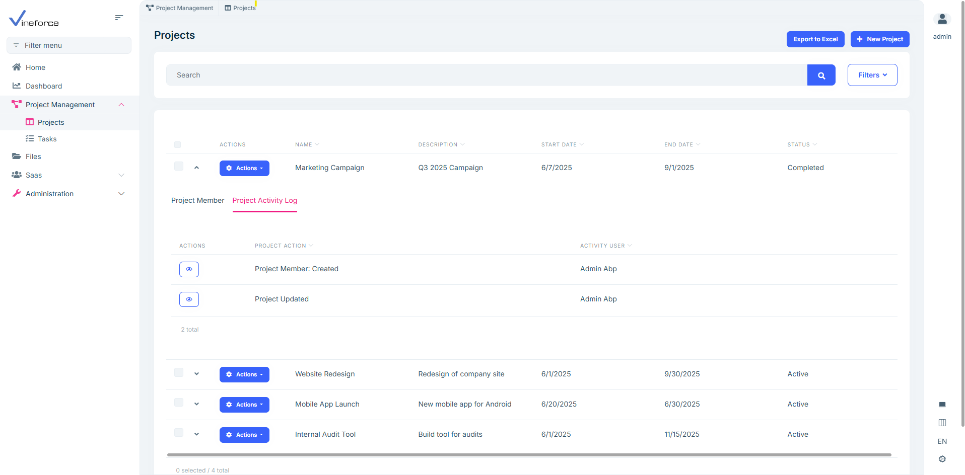 Project activity log vineforce image