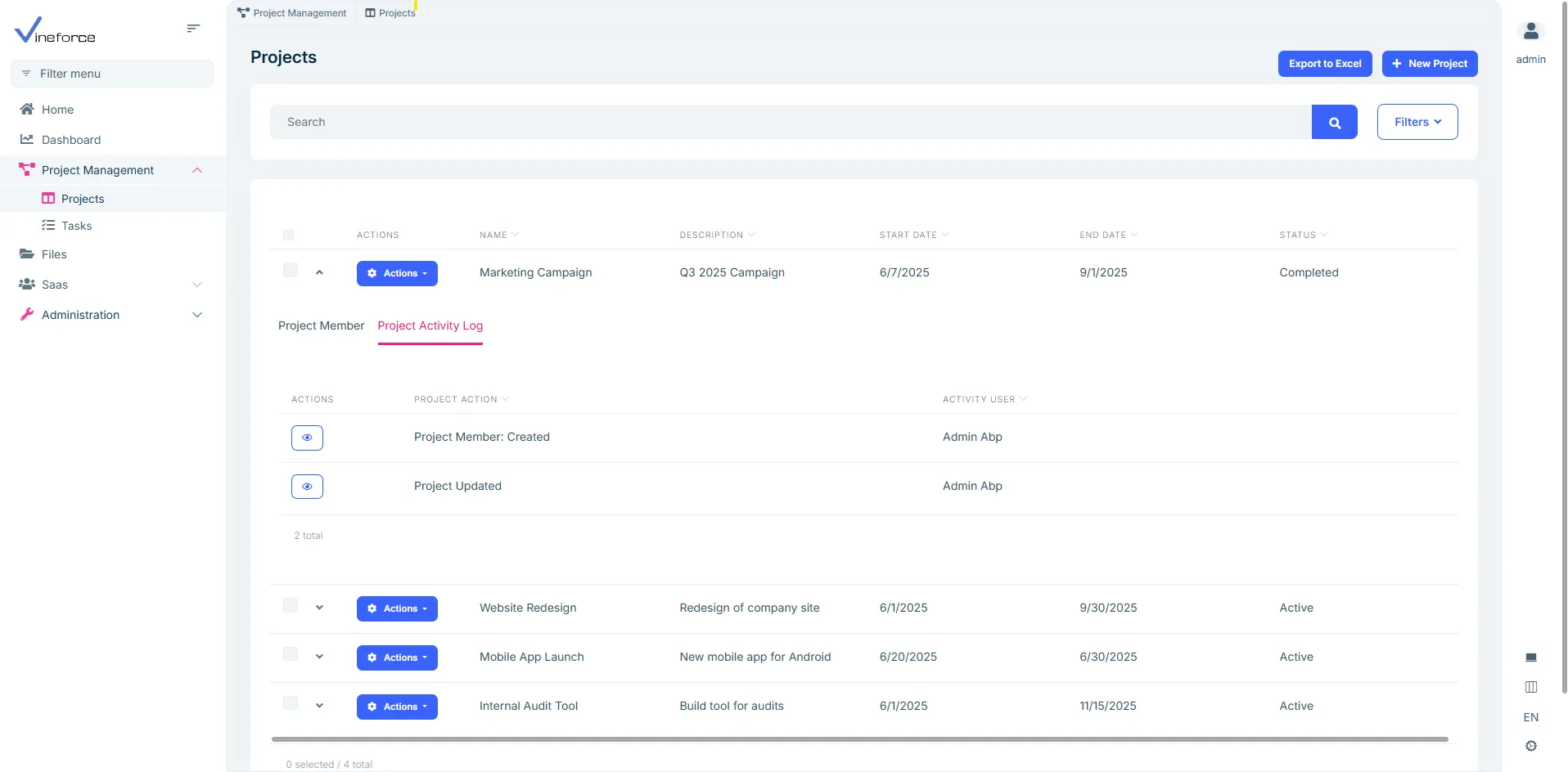 Project activity log vineforce image