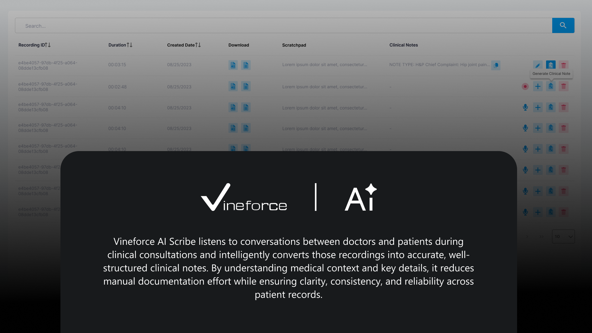 Vineforce AI Scribe Dashboard