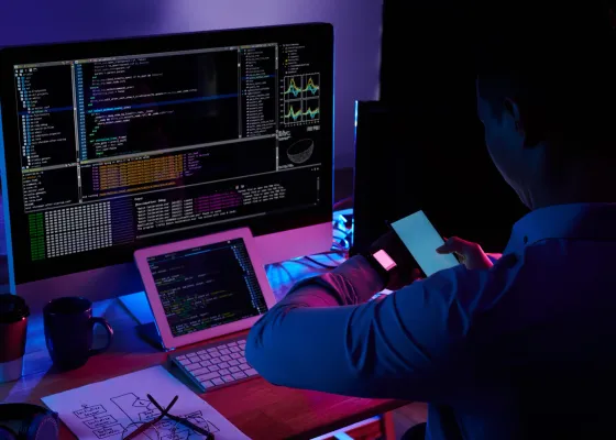 QA engineer reviewing automated test reports and security audit logs